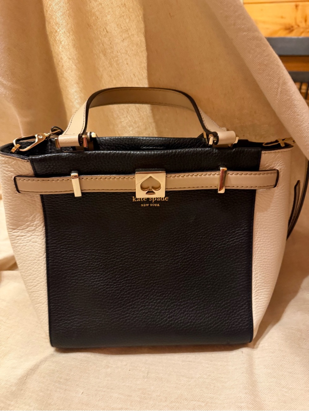 Kate Spade New York Colorblock Leather Satchel Crossbody Purse Black Cream